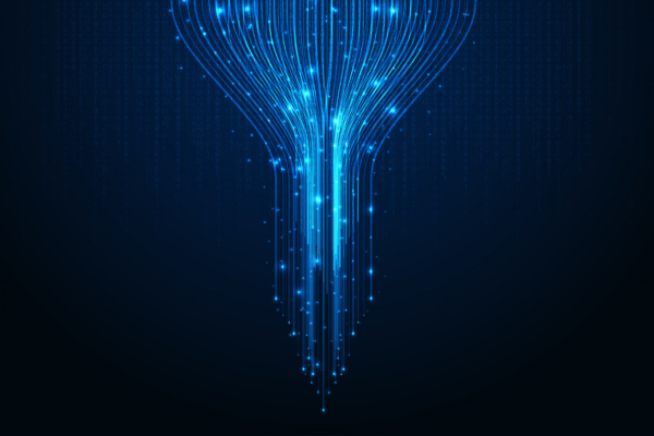 Graphic with dark blue background showing large stream of data flowing down, demonstrating clinical data from ePRO moving in real-time