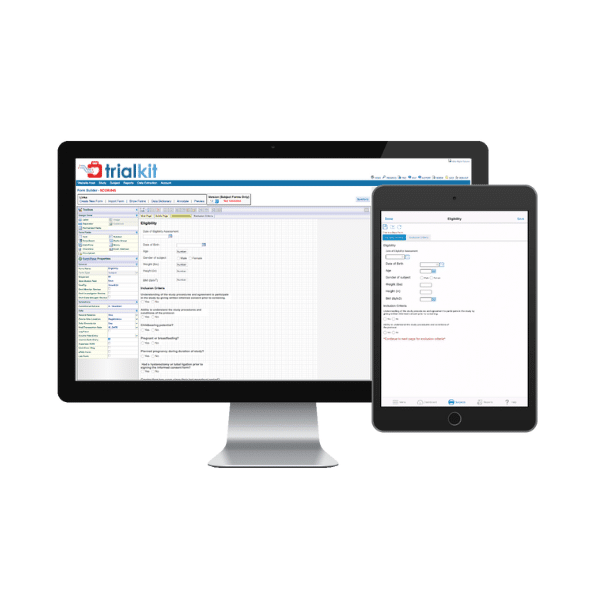 TrialKit EDC form builder displayed on desktop screen and on iPad screen